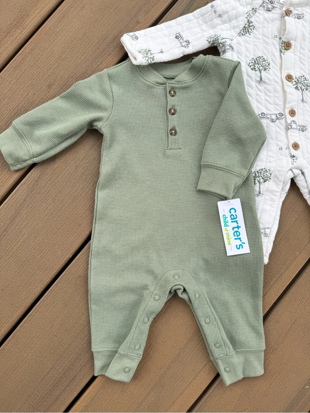 Carter's Sage Green, Cream Tree Print & Dusty Blue Baby One-Piece Set